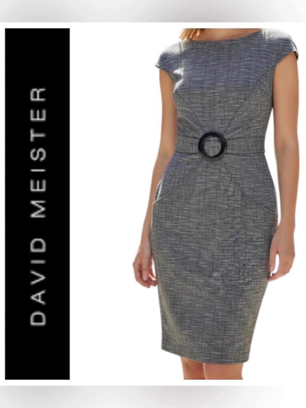 David Meister Tweed Sheath Dress Black White O-Ring Buckle Career Cocktail Sz 4